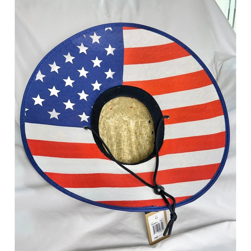 Straw Cowboy Hat with American Flag Patch and Brim Trim